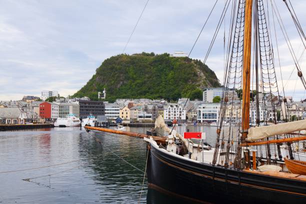 Alesund city, Norway. Downtown Alesund with Aksla mountain.