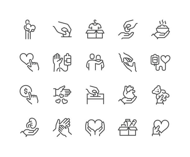 Line Donations and Charity Icons Simple Set of Donations and Charity Related Vector Line Icons. 
Contains such Icons as Help, Box of Clothes, Toys Giveaway and more. Editable Stroke. 48x48 Pixel Perfect. give stock illustrations