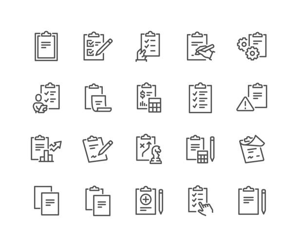 stockillustraties, clipart, cartoons en iconen met de pictogrammen van het klembord van de lijn - rapport illustraties