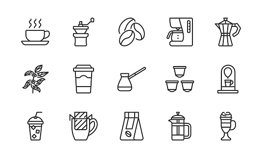 Coffee equipment line icon set. Coffee to go, mill,drip pack, cezve, pot, beans, capsules and tree. Concept for restaurant and web shops. Editable strokes
