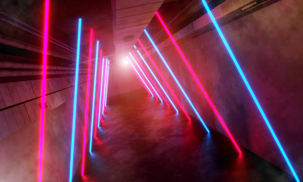 istock Dark corridor illuminated by glowing neon lights 1314739411