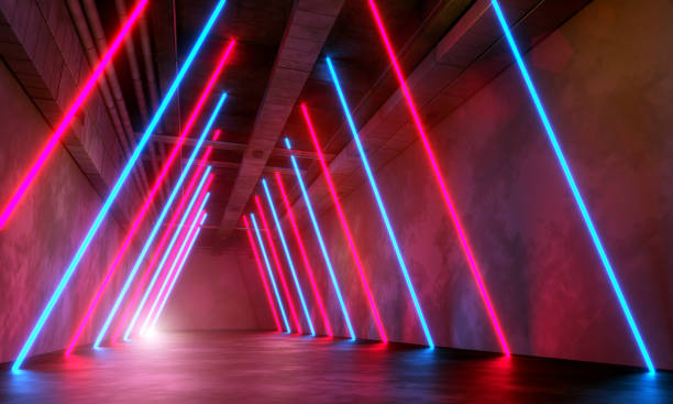 istock Long underground corridor illuminated by glowing neon lights 1314739443