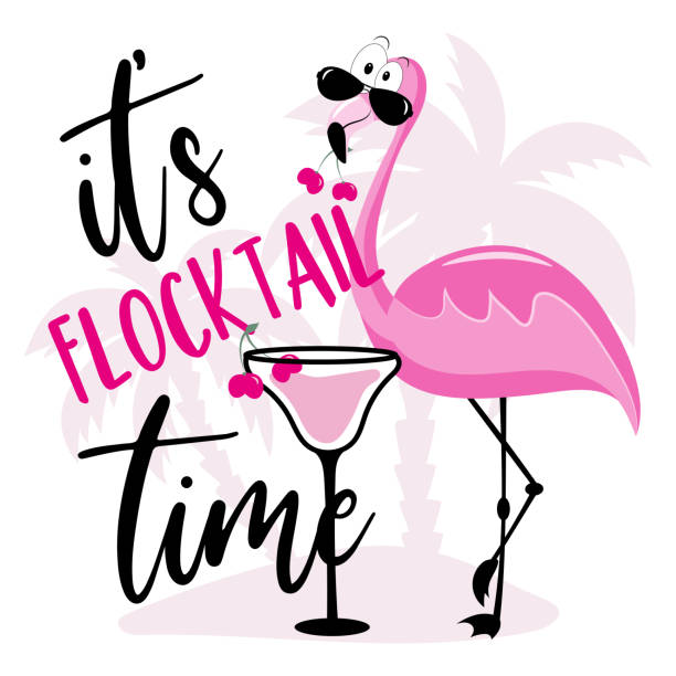 I'ts Flocktail Time - funny Summer slogan with flamingo and cocktail glass I'ts Flocktail Time - funny Summer slogan with flamingo and cocktail glass. Good for T shirt print, poster, banner, label, decor. flamingo stock illustrations