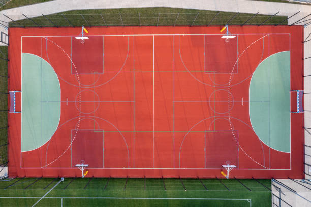 istock Aerial view of empty red handball pitch 1314741092