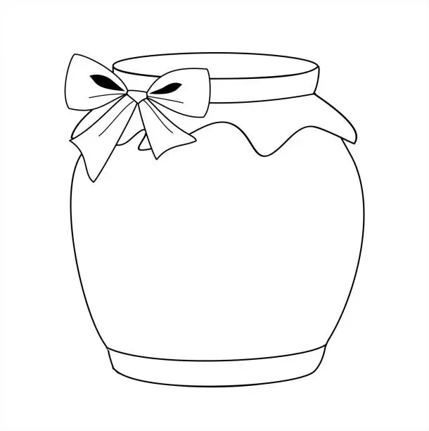 Vector illustration of Jar for cooking, jam, honey with a bow in the form of coloring