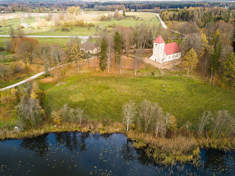 Aerial view of Ivande lutheran church in sunny autumn day, Latvia