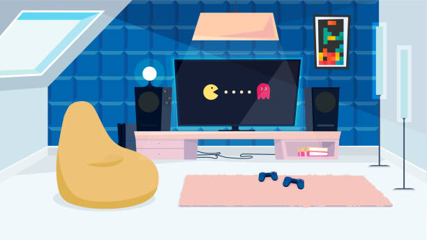 istock Console room interior, banner in flat cartoon design. Apartment inside with huge monitor with video game on screen, joysticks, music columns, bag chair and decor. Vector illustration of web background 1314742350