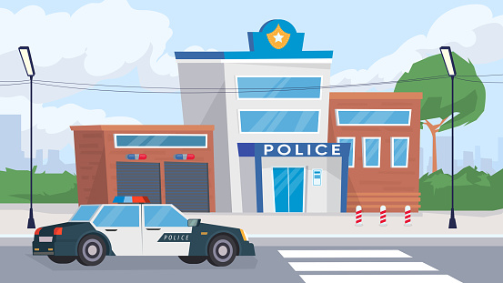Police Department Building View Banner In Flat Cartoon Design Exterior Of Police  Station With Patrol Car Protection Justice Guards Justice Structure Concept  Vector Illustration Of Web Background Stock Illustration - Download Image