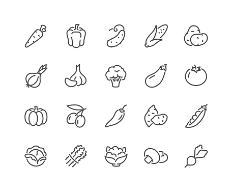 Simple Set of Vegetables Related Vector Line Icons. 
Contains such Icons as Tomato, Olives, Garlic and more. Editable Stroke. 48x48 Pixel Perfect.