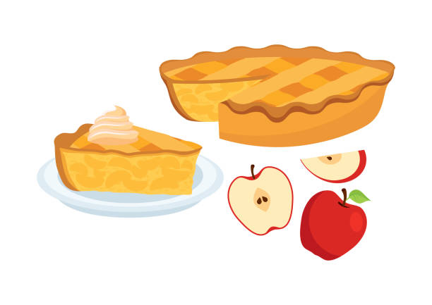Sweet traditional Apple Pie with apples icon set vector Piece of apple pie icons vector. Cake with apples and whipped cream vector. Classic american sweet pie clip art isolated on a white background apple pie stock illustrations