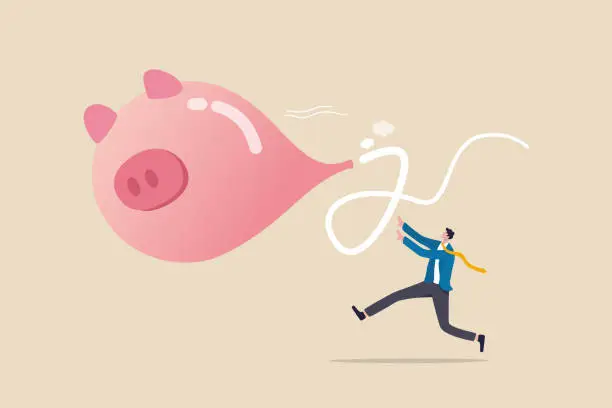 Vector illustration of Loss money from economic crisis or stock market crash, financial problem or losing all savings pension concept, businessman running trying to catch flying deflate piggy bank balloon.