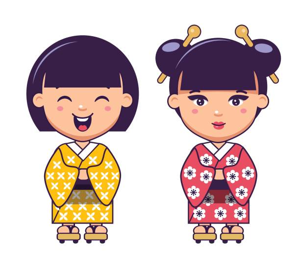 две японские девушки в кимоно - japanese culture japanese ethnicity japan toy stock illustrations