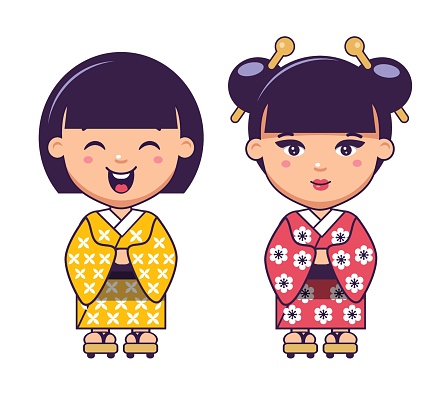 cartoon vector illustration of kawaii asian girls with traditional costume