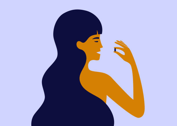 illustrazioni stock, clip art, cartoni animati e icone di tendenza di illustrazione vettoriale di assistenza sanitaria femminile con donna che prende pillola - painkiller pill capsule birth control pill
