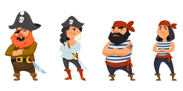 Male and female pirates with crossed arms. Male and female pirates with crossed arms. Funny characters in cartoon style. pirate criminal stock illustrations