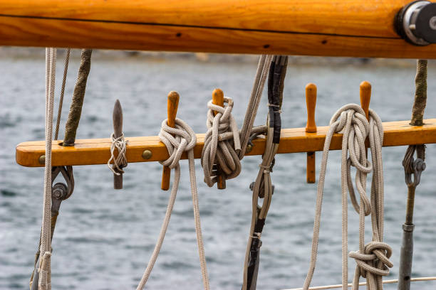 istock Belaying pin with ropes on a ship 1314748360