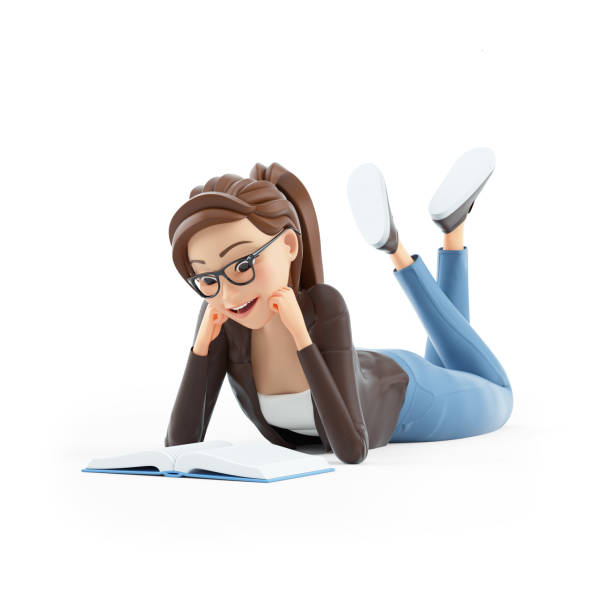 3d cartoon woman reading book lying down on floor 3d cartoon woman reading book lying down on floor, illustration isolated on white background woman lying on the floor isolated stock pictures, royalty-free photos & images