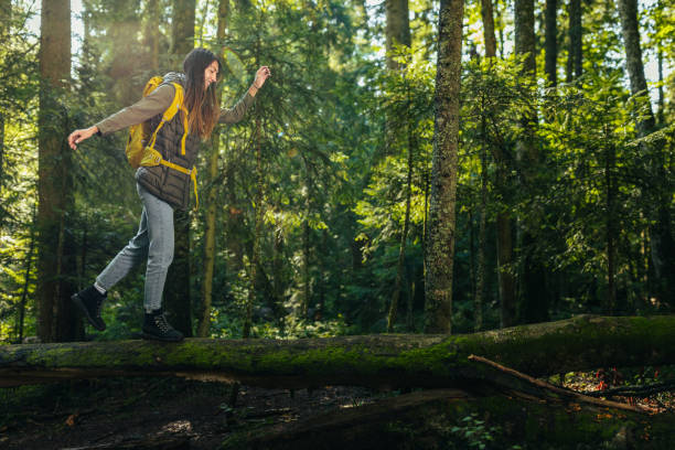 istock Woman walking through forest, exploring nature. 1314751258