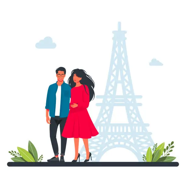 Vector illustration of couple walking in Paris against the backdrop of the Eiffel Tower..People Group Travel. Happy couples traveling in Europe. sights from around the world, picture for travel images, happy family travels