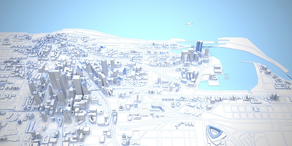 white low poly modern downtown with coastline above view. 3d rendering