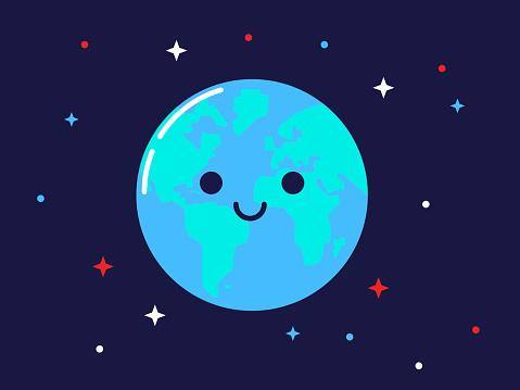 Smiling earth character illustration. Cute globe into space with eyes and a smile. Comos view. Education illustration for kids. Vector.
