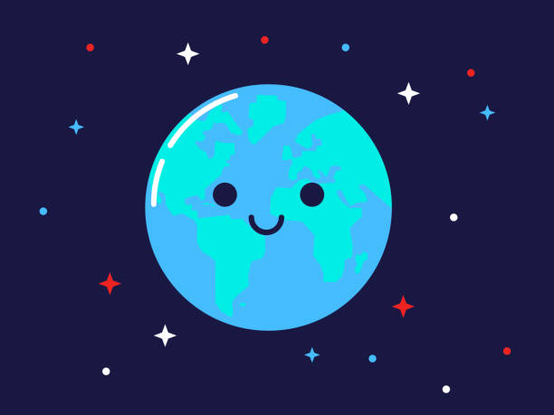 Happy earth illustration Smiling earth character illustration. Cute globe into space with eyes and a smile. Comos view. Education illustration for kids. Vector. cartoon earth happy planet stock illustrations