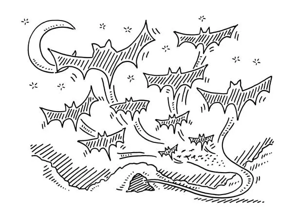 Vector illustration of Flock Of Bats At Night Drawing