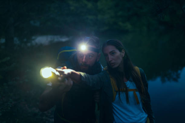 istock Two hikers with flashlight wandering in the forest at night 1314753356