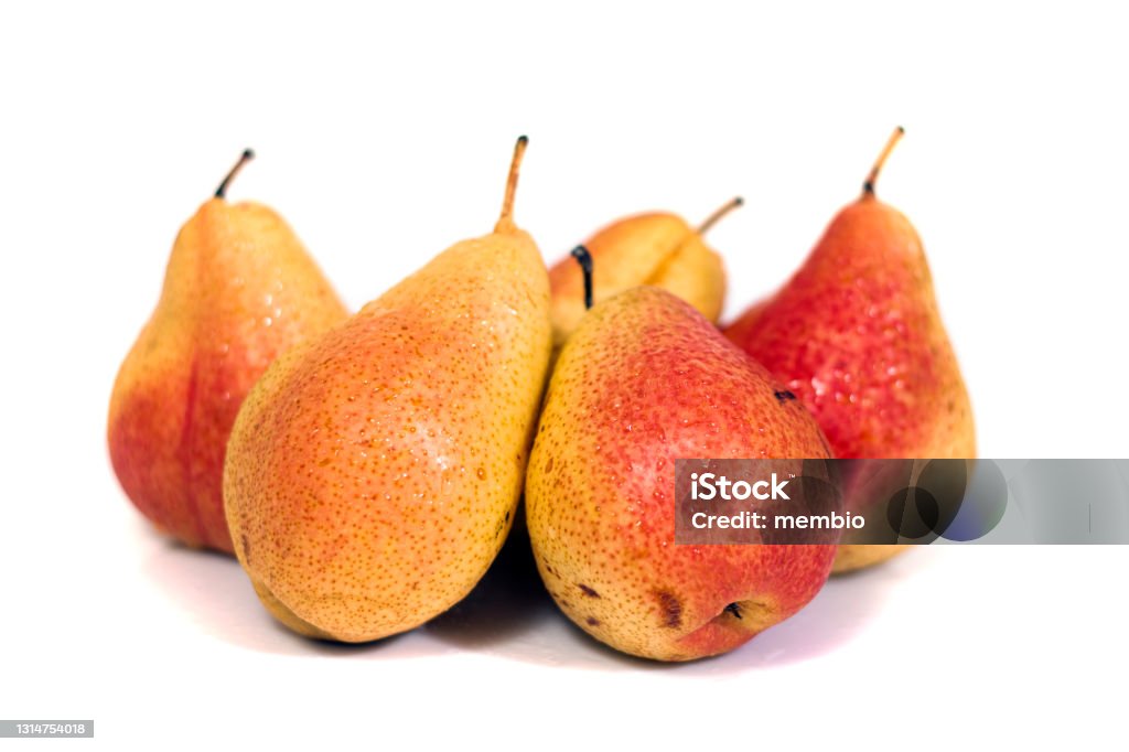 forelle red and yellow pears Group of forelle red and yellow pears isolated on a white background. Forelle Pear Stock Photo