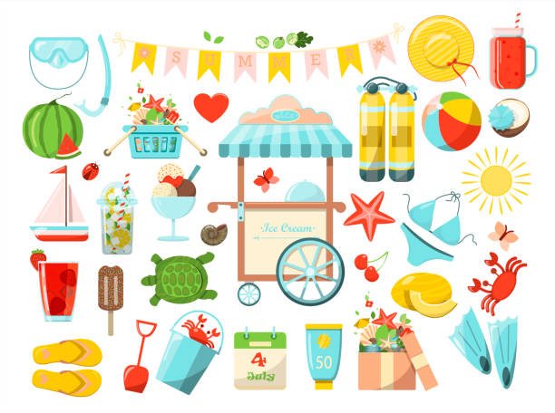 A Big vector summer set. Accessories for beach holidays by the sea. Flat design Illustration for ads, web, flyers, and banners. Set of cartoon icons. Summer fruits, food, transport and clother. A Big vector summer set. Accessories for beach holidays by the sea. Flat design Illustration for ads, web, flyers, and banners. Set of cartoon icons. Summer fruits, food, transport, diving items and clother. starfish sunglasses stock illustrations