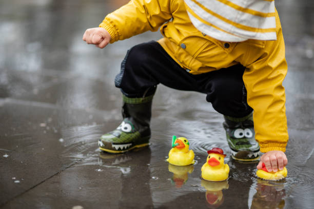 istock Child playing with rubber ducks in water puddle 1314757640