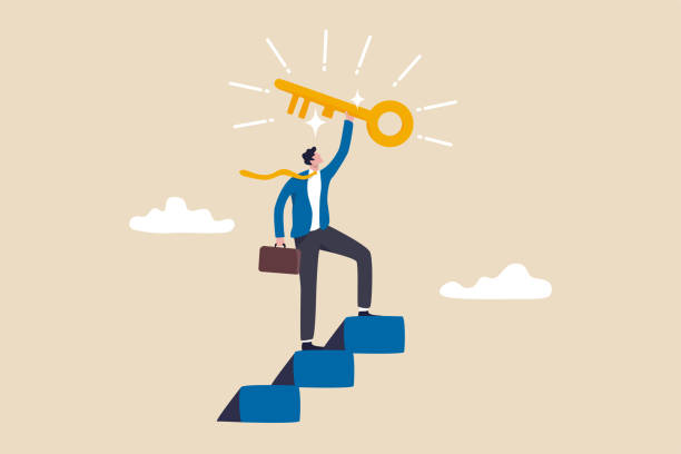 비즈니스 성공의 열쇠, 비밀 키를 찾거나 경력 목표 개념을 달성하기 위한 계단, 사업가 우승자는 하늘에 황금 성공 열쇠를 들어 올리는 계단의 꼭대기까지 걸어. - 층계 일러스트 stock illustrations
