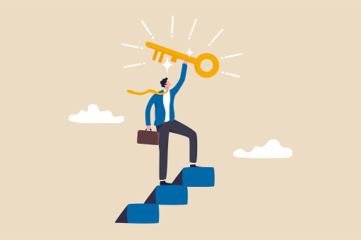 Key to business success, stairway to find secret key or achieve career target concept, businessman winner walk up to top of stairway lifting golden success key to the sky.