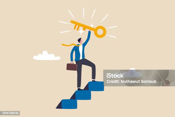 Key To Business Success Stairway To Find Secret Key Or Achieve Career Target Concept Businessman Winner Walk Up To Top Of Stairway Lifting Golden Success Key To The Sky Stock Illustration - Download Image Now