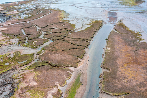 aerial view of an estuary in low tide showing mudflats coasta shoreline copy space in top right