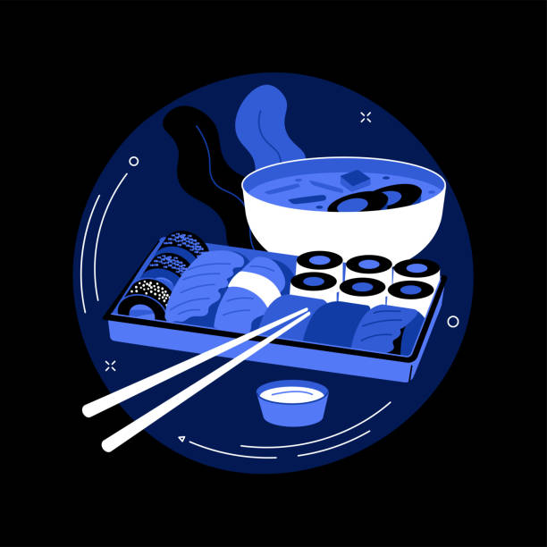 japanische lebensmittel abstrakte konzept vektor-illustration. - chopsticks soybean japanese cuisine blue stock-grafiken, -clipart, -cartoons und -symbole