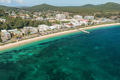 Aerial view of Shoal Bay foreshore, wharf and town centre.