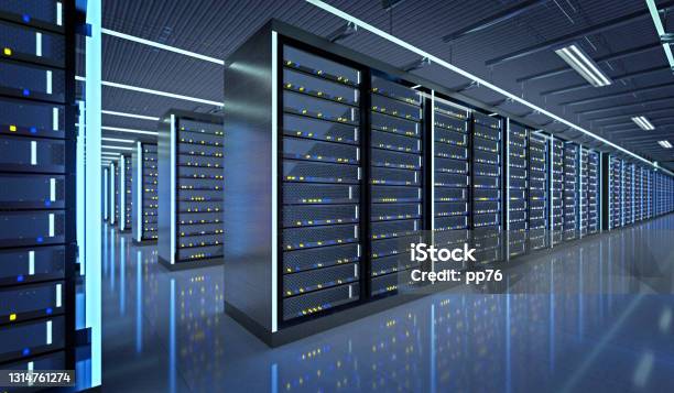 Server Room Data Center 3d Rendering Stock Photo - Download Image Now - Data Center, Server Room, Network Server