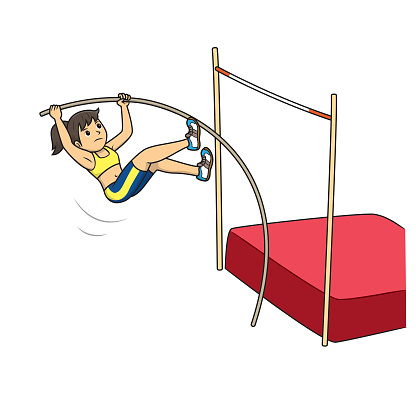 Vector illustration of female athlete training for pole vault field event sport game isolated on white background. Sport competition or training concepts. Kids coloring page. Cartoon character clipart.