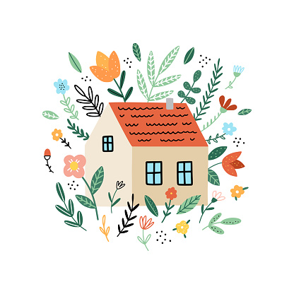 House and flowers vector illustration. Florals and plants on white background. Cottage house with red roof
