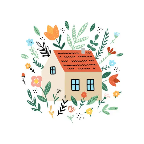 Vector illustration of House and flowers vector illustration. Florals and plants on white background. Cottage house with red roof