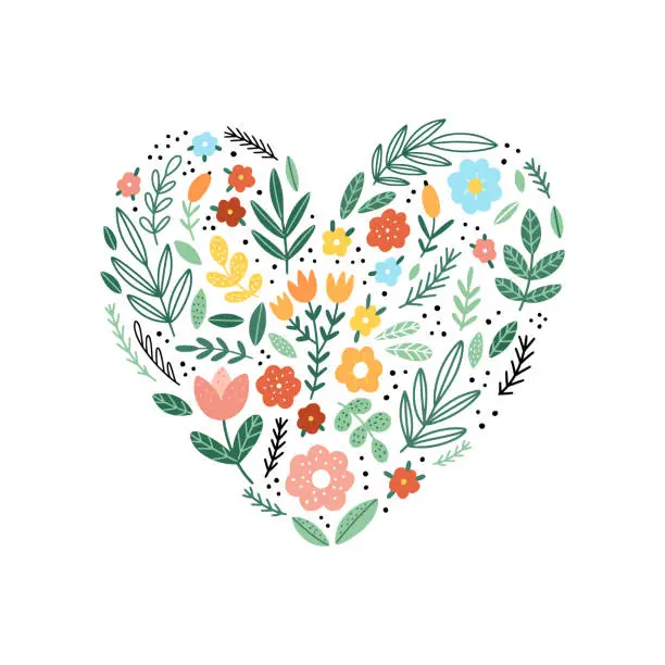 Vector illustration of Floral heart vector illustration. Cute flowers heart clipart on white background. Botanical love collection