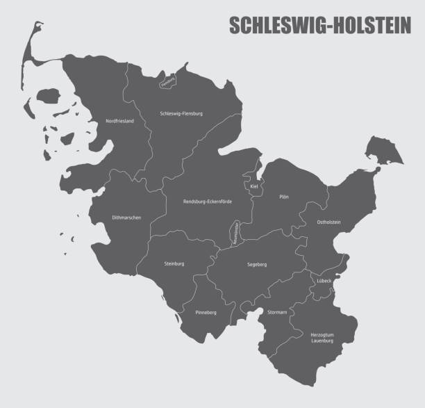 Schleswig-Holstein state administrative map The Schleswig-Holstein state, isolated map divided in districts with labels, Germany ingolstadt stock illustrations