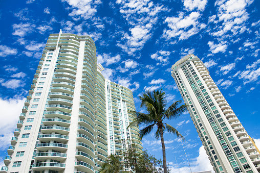 Skyscrapers of Fort Lauderdale with palms and blue sky, Florida