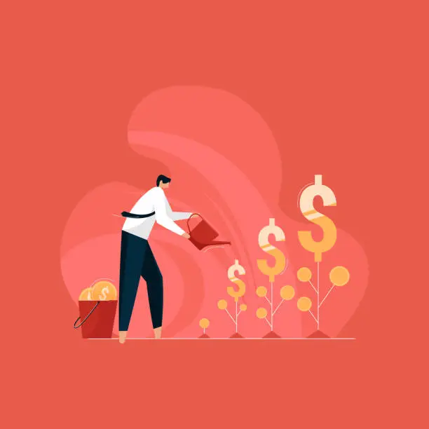 Vector illustration of Make More Profit in business concept, businessman watering dollar plants modern investment with growing money