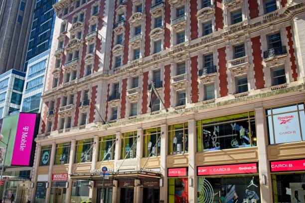 Knickerbocker Hotel entrance in NYC New York, NY, USA - Apr 26, 2021: Knickerbocker Hotel on West 42nd Street at Times Square reebok stock pictures, royalty-free photos & images