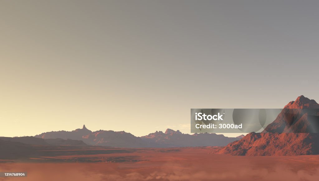 Mars Environment Landscape 3D Rendering of a Mars-like red planet panorama with arid landscape and rocky hills, for 3D illustration environments. Globe - Navigational Equipment Stock Photo