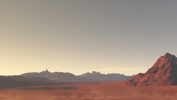 Mars Environment Landscape 3D Rendering of a Mars-like red planet panorama with arid landscape and rocky hills, for 3D illustration environments. voyager stock pictures, royalty-free photos & images