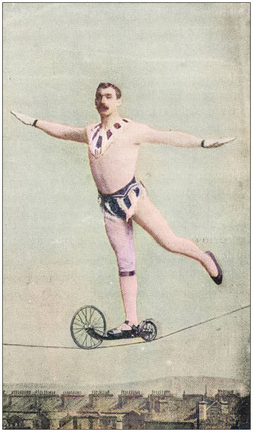 illustrations, cliparts, dessins animés et icônes de photo antique : acrobate de marcheur de corde - acrobate