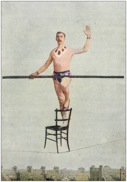 antyczne zdjęcie: akrobata rope walker - tightrope walking circus skill stock illustrations